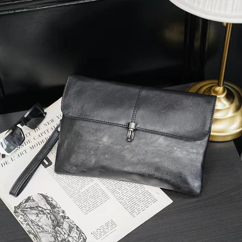 Men's Clutchbag Wrist Bag Men's Trend Simple Grab Bag High-grade Men's Handbag Business Handbag Black Leather
