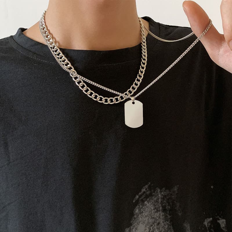 Unisex hot selling hip hop men's double layer pendant necklace titanium steel tag metal chain sweater chain jewelry