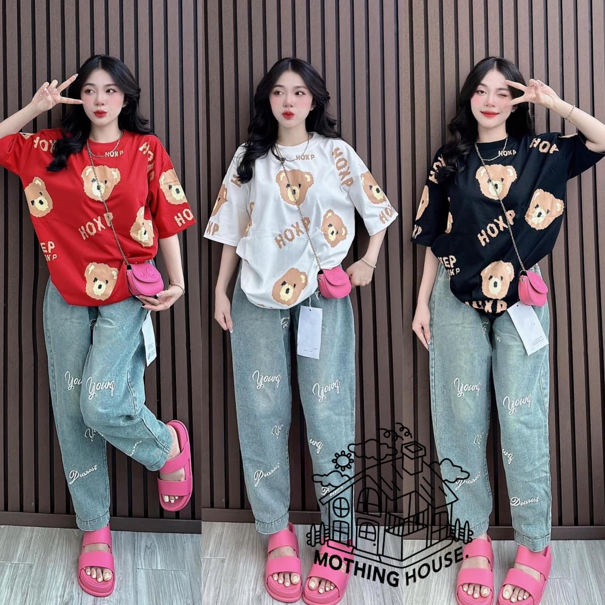 Bear Print Short Sleeve & Faux Denim Print Pants Set - Loose Fit Two Piece Outfit For Women Comfortable Loose Fit