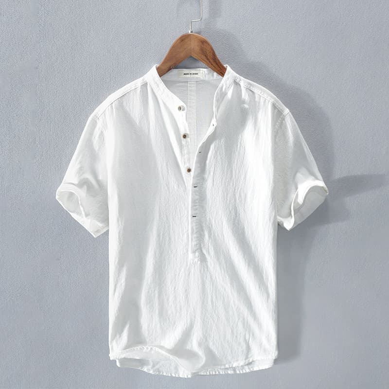 Men's Clothing Cotton And Linen Wrinkled Linen Short Sleeved Shirt Fresh Stand Up Collar Pullover T Shirt Casual Summer Linen Shirt