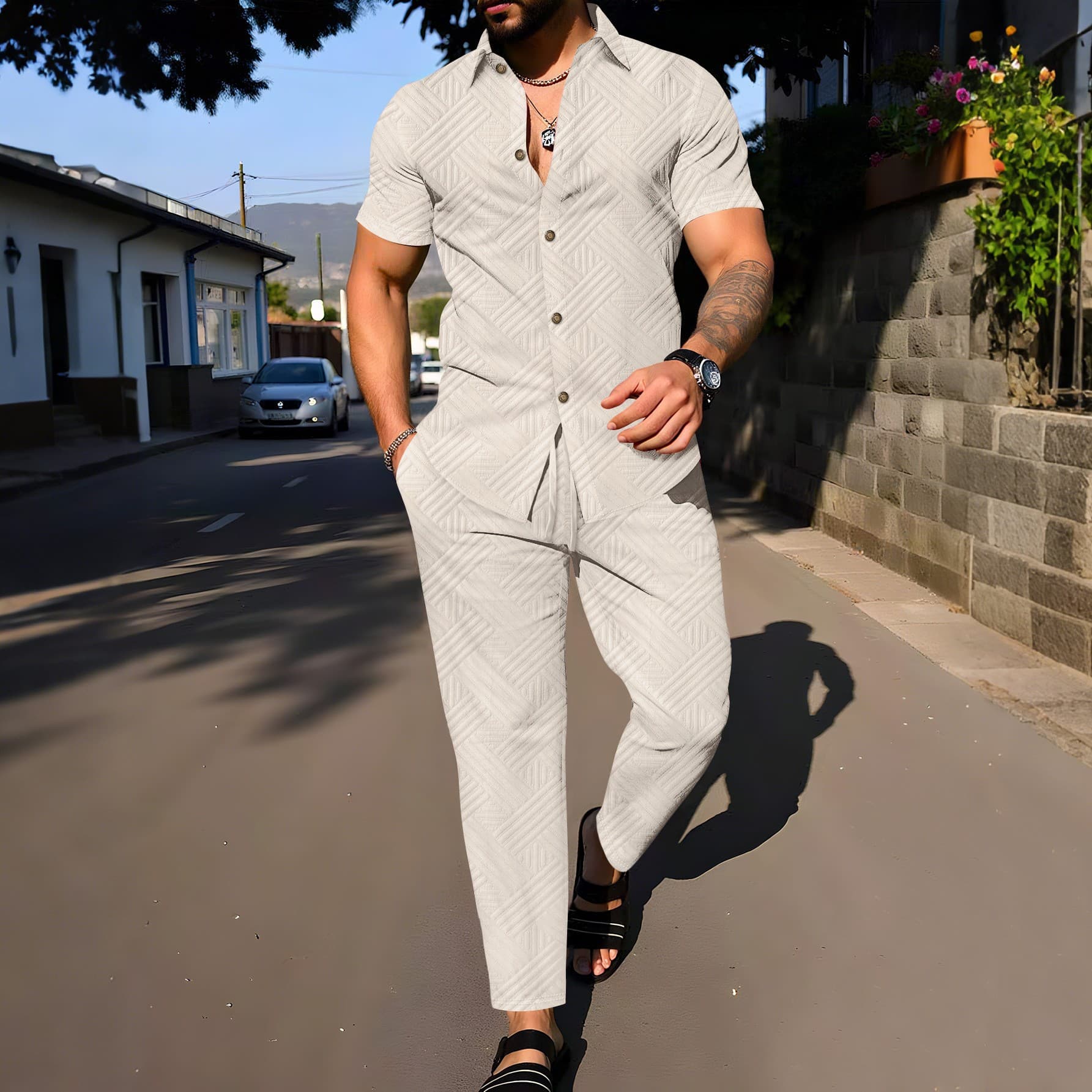 Summer Street Solid-color Jacquard 2-piece Set For Men With Lapel Buttons, Fashionable Short-sleeved Cardigan + Trousers Casual