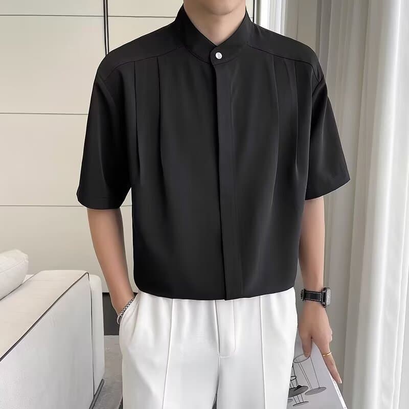 Thin ice silk short sleeved shirt for men with casual Hong Kong style and niche design sense Instagram versatile trend half sleeved top