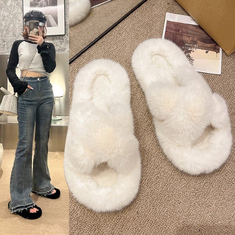 Chic Faux Fur Cross Band Slides - Ultra Soft & Lightweight Indoor Outdoor Cozy Home Slippers For Women