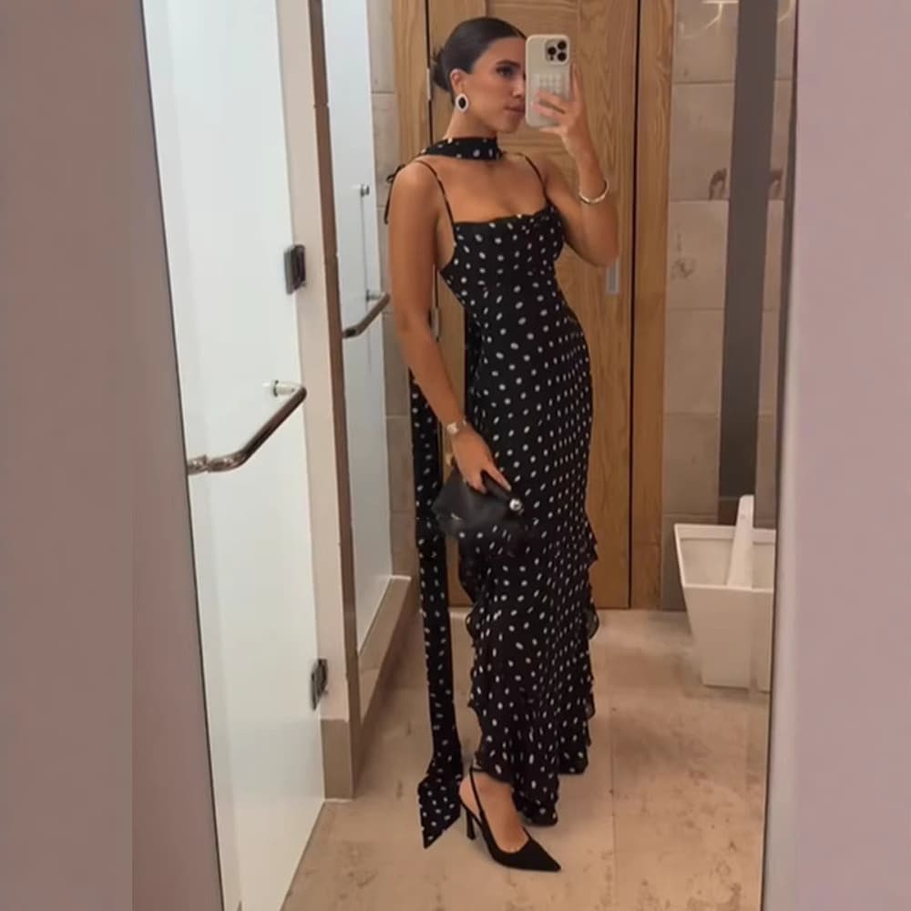 Women's Clothing Summer New Style Temperament High End Sleeveless Polka Dot Scarf Collar Ruffled Suspender Dress