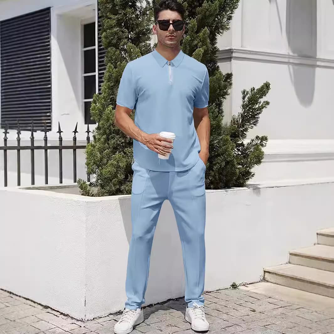 2 Piece Men's Lapel Zipper Short Sleeved Trousers Casual Sports Suit Fashion Polo Shirt
