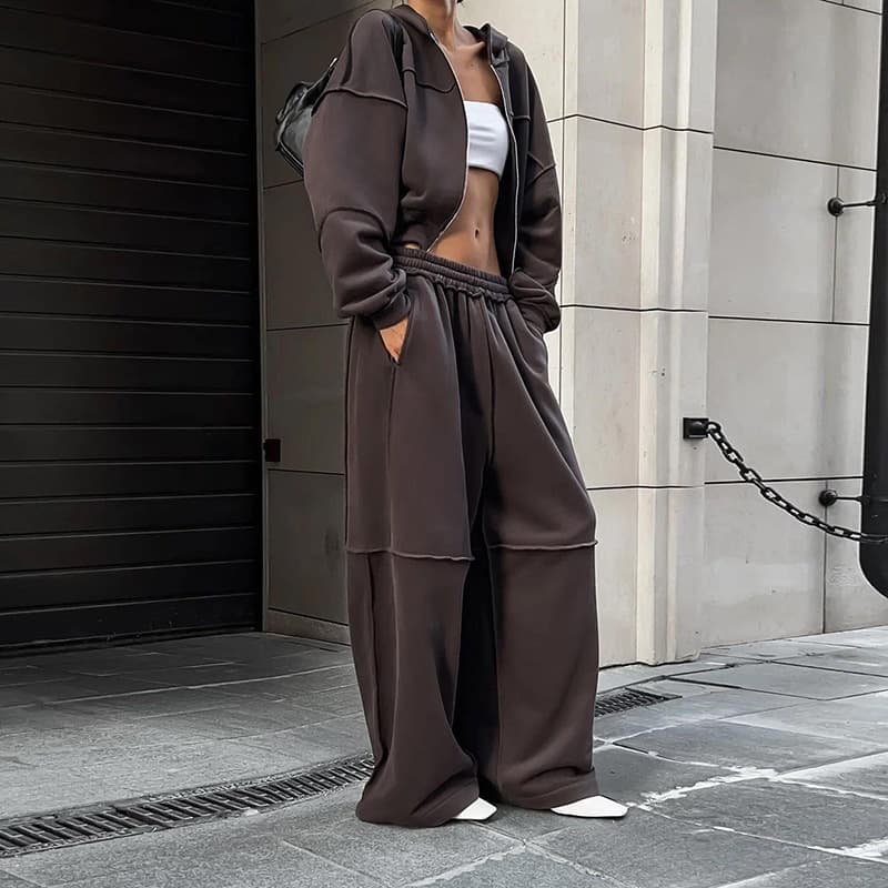 Women's Clothing Autumn And Winter New Hooded Long Sleeved Zipper Jacket Casual Loose Trousers Suit Women