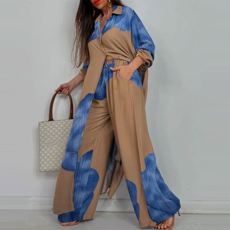 Women's Clothing Women's Fashion Casual Colorblock Loose Shirt Tops Trousers Two Piece Set