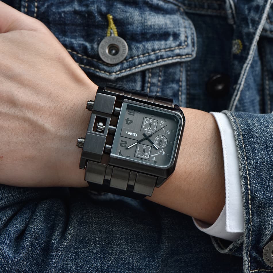 Western Unique Sport Watch Big Dial Square Face Men Casual Wristwatch Built-in Button Design Male Quartz Watches