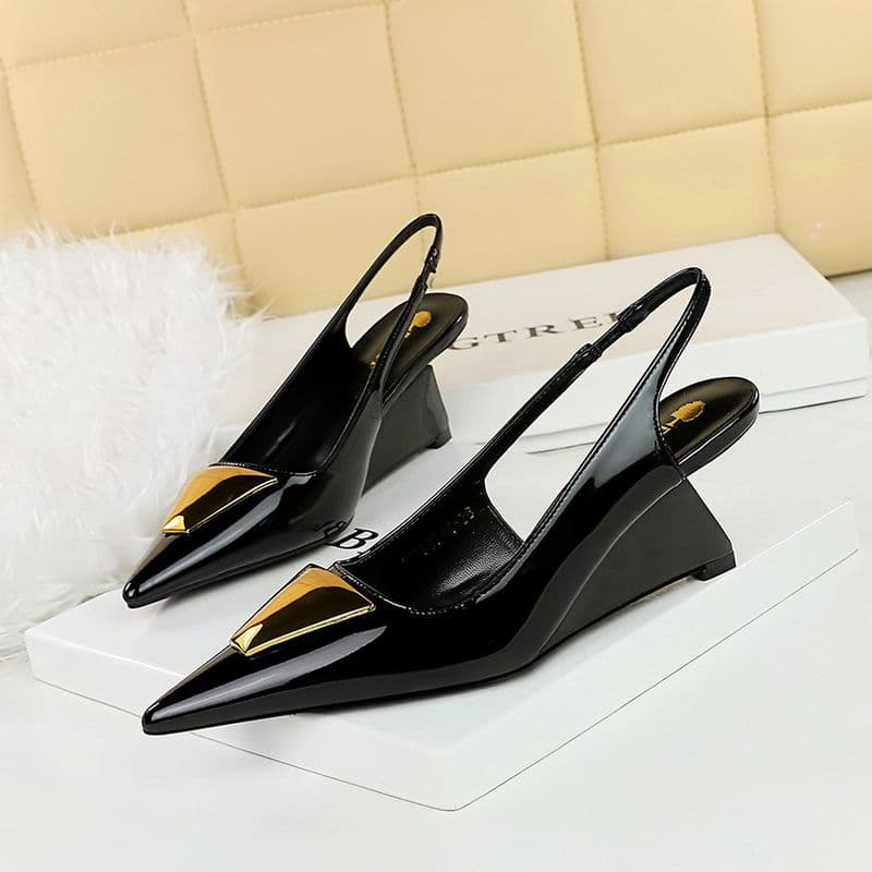 1097-K55 Style Women's Shoes With High Slng Heels, Patent Leather Hollowed Out Back Strap, Shallow Mouthed Pointed