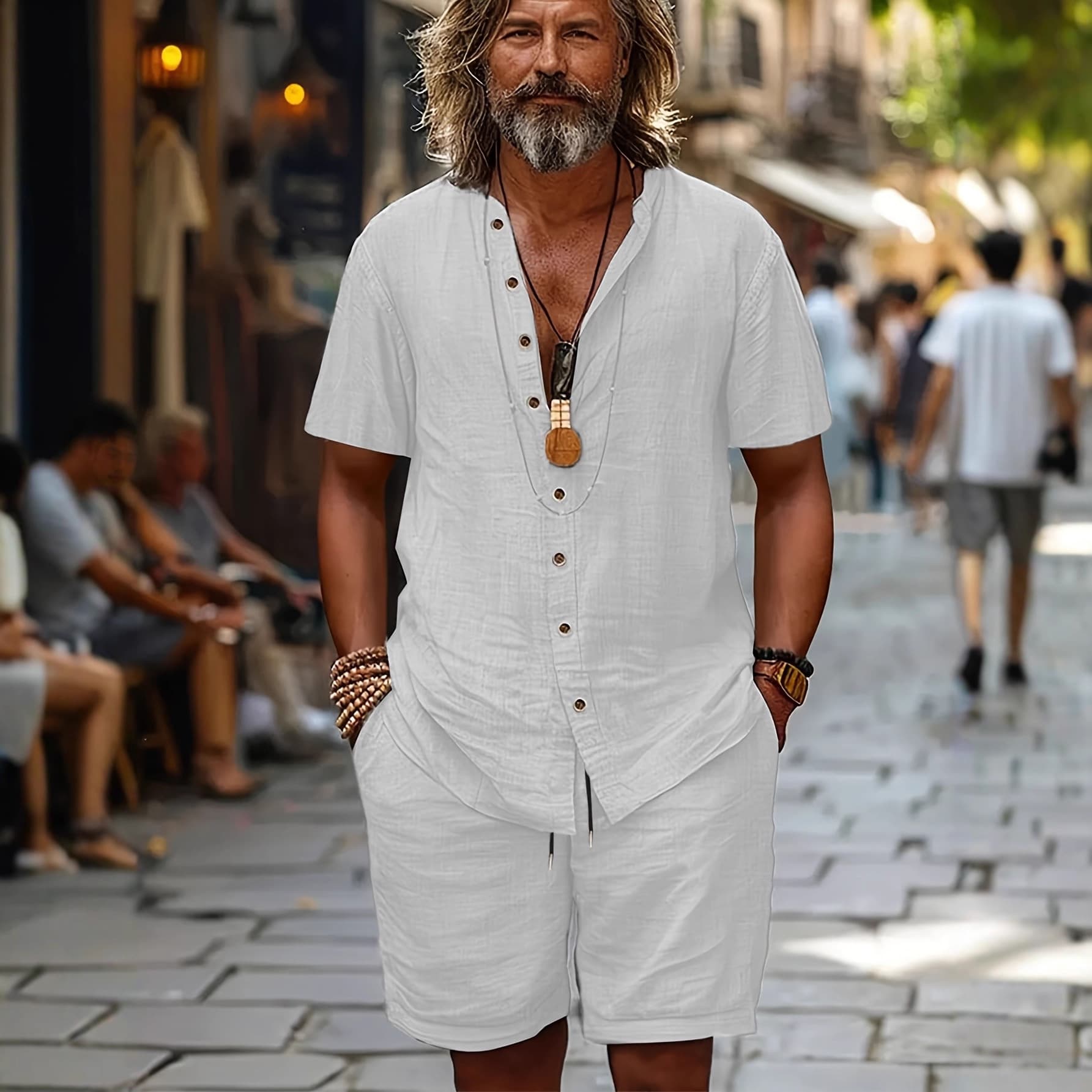 Men's Cotton Linen Short Sleeve Shirts Loose Fitting Undershirts Solid Color Shorts Two Piece Sets
