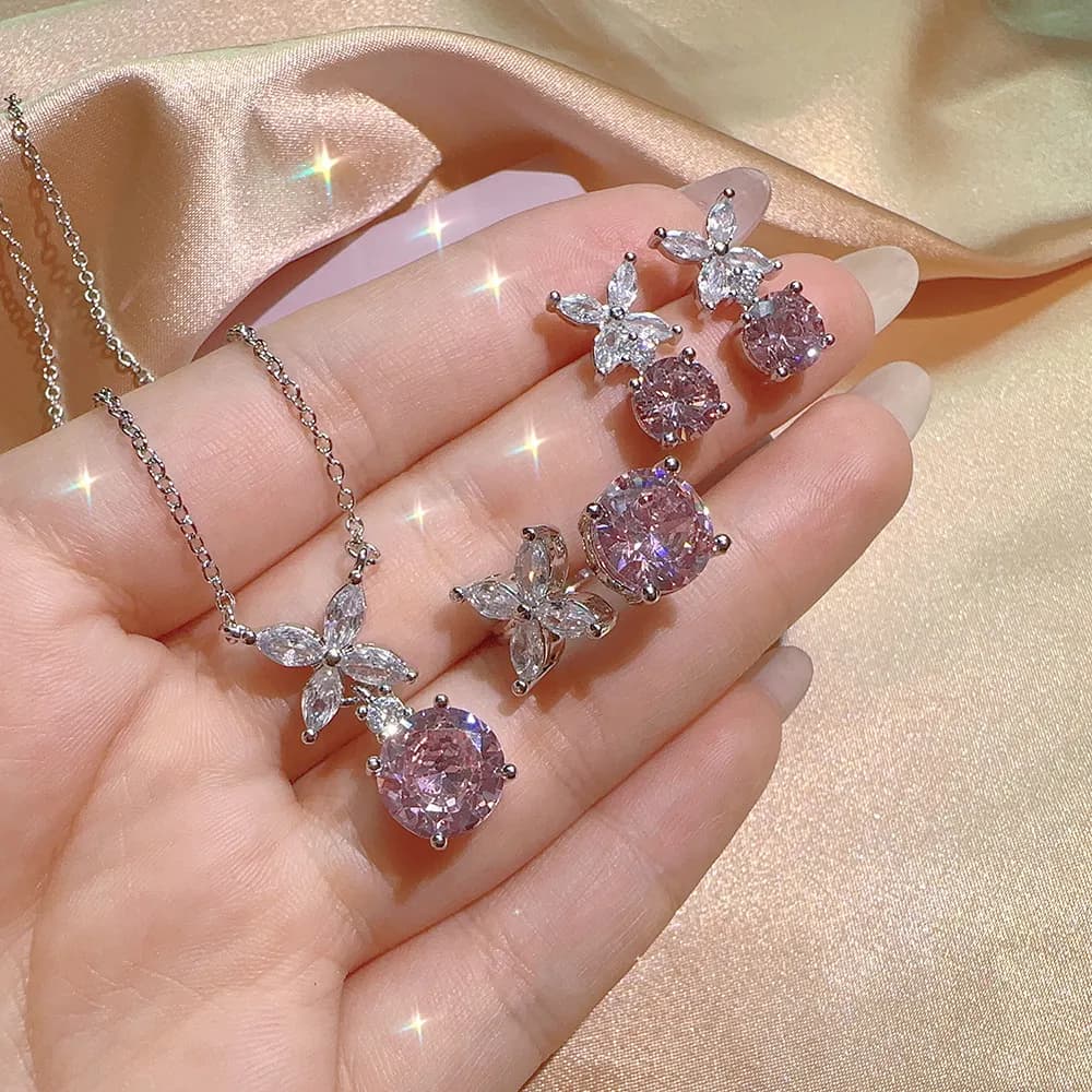 lovely pink zircon clover designer earrings necklaces women girls sweet love shining crystal diamond elegant earings ear