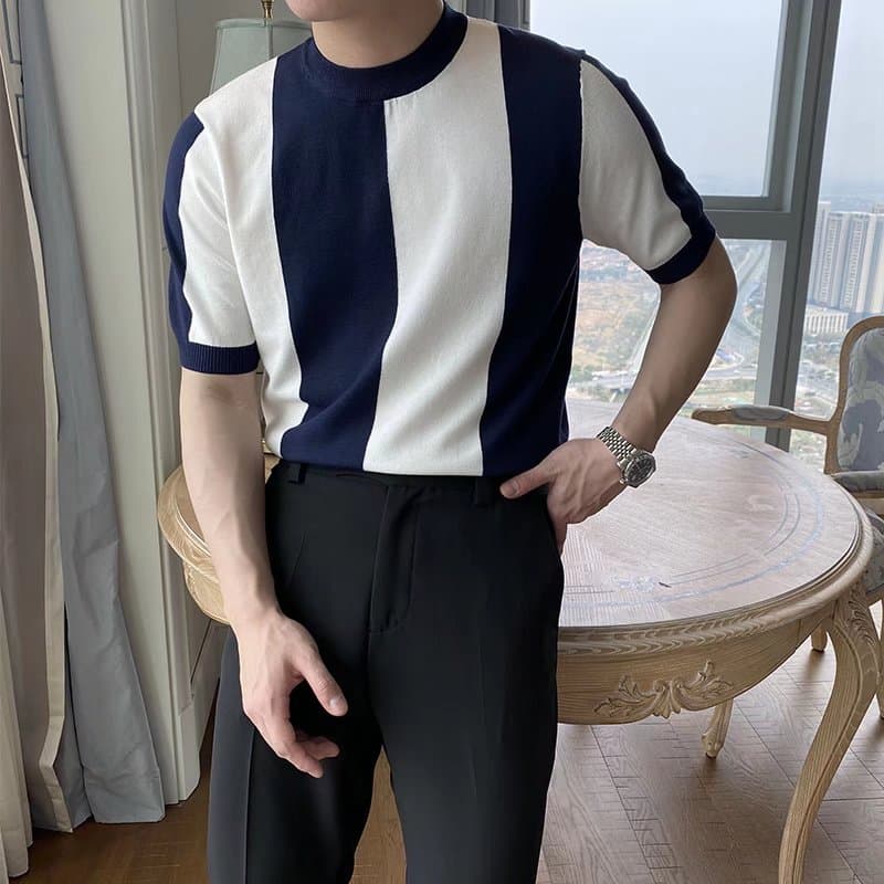 Men's Clothing Fashion New Striped Ice Silk Short Sleeved T Shirt Casual Simple Slim Style Men's Tops Trendy Knitted Sweater