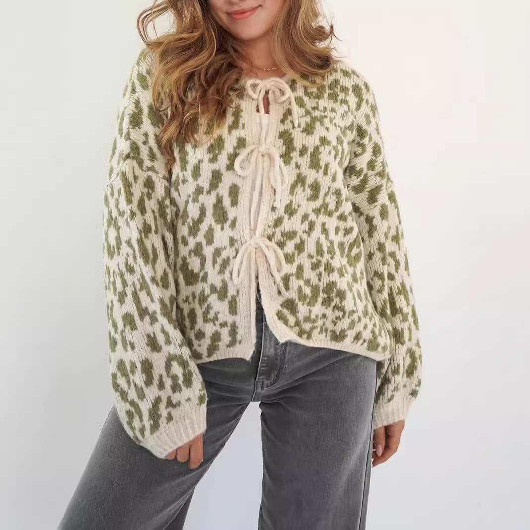 ​​Women's Leopard Print Knit Cardigan – Retro Tie-Front Open Sweater Coat (Black, Green, Orange, Khaki, Burgundy)​​