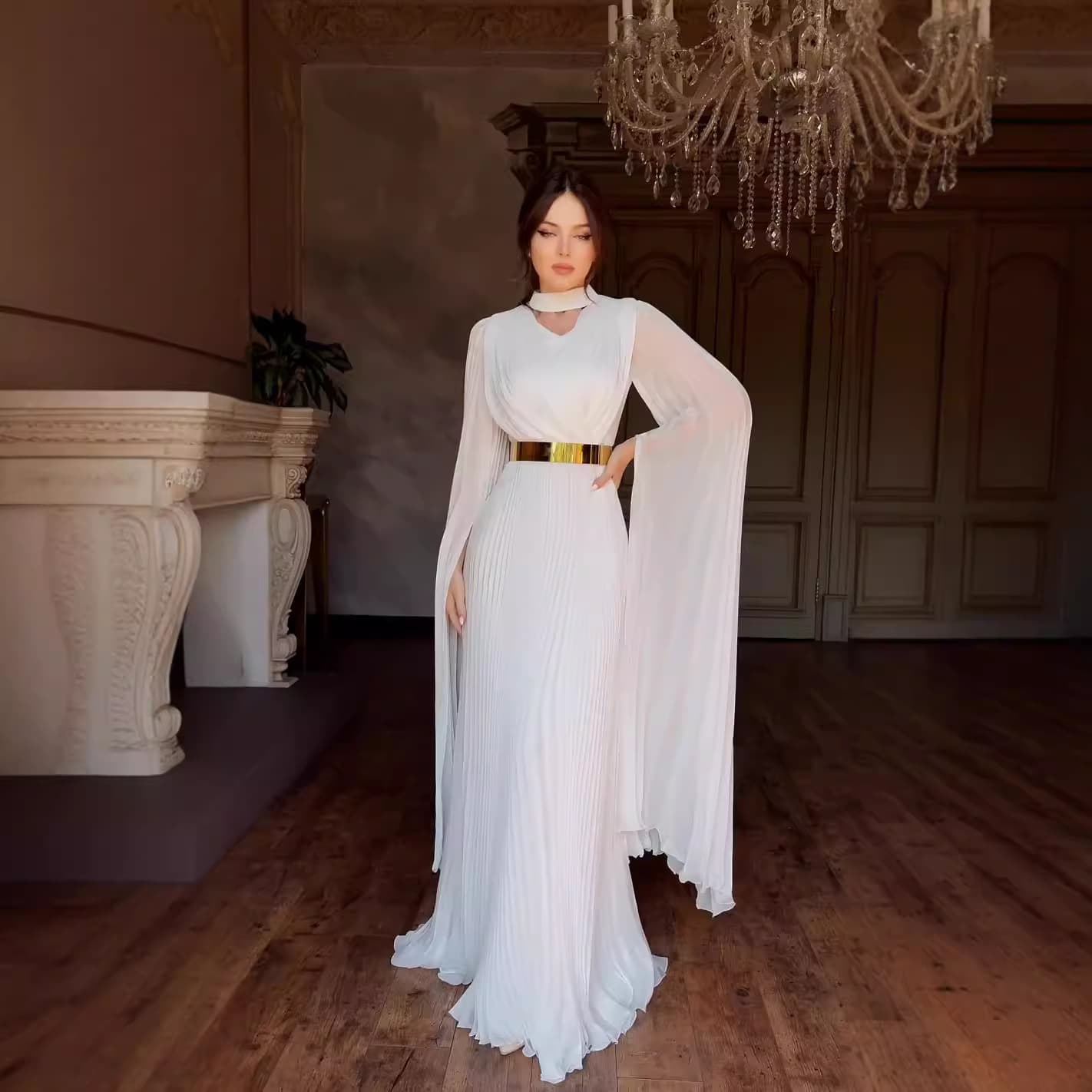 New V Neck Belt Long Sleeved Transparent French Temperament Dress