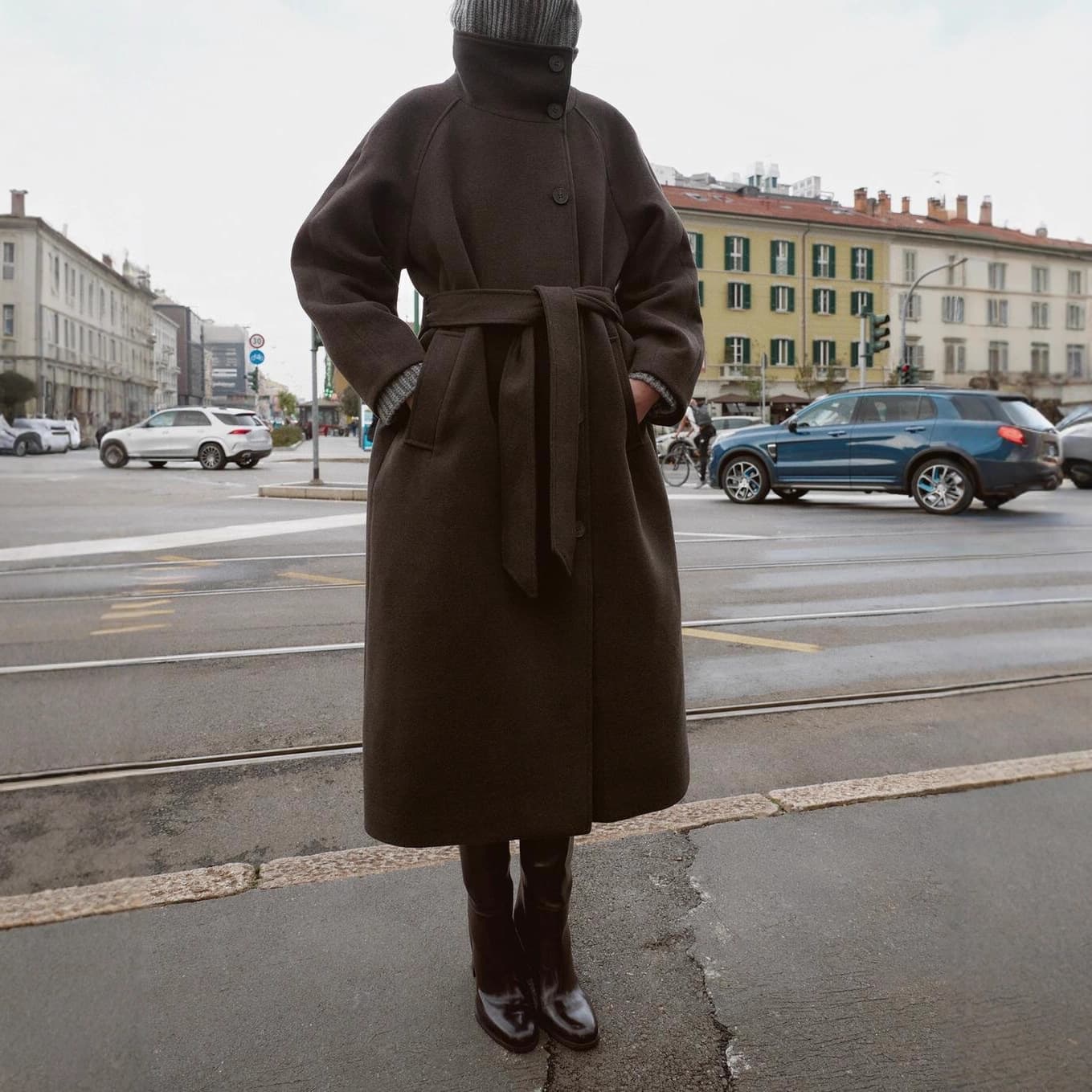Women's Clothing Elegant Long Belted Trench Coat For Women, Soft High-Neck Winter Coat, Polyester Wool Blend, Slim Fit, Available In Grey & Brown