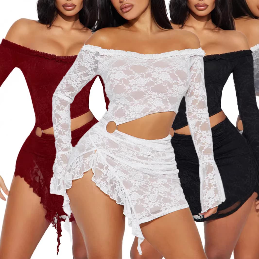Spring Off-Shoulder Midriff Baring Skirt For Women Sheer Lace Elegant Dress For Vacation And Dates Product