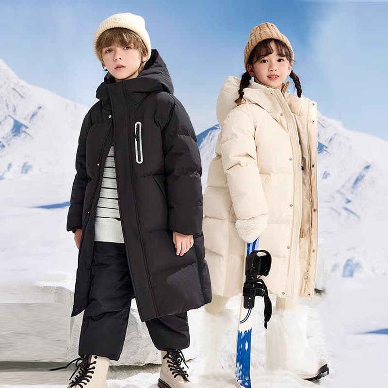 Kids' Long Winter Puffer Coat – Thickened Polyester Jacket With Detachable Hood For Boys & Girls (120-170cm, Black/Red/White, Windproof & Soft)