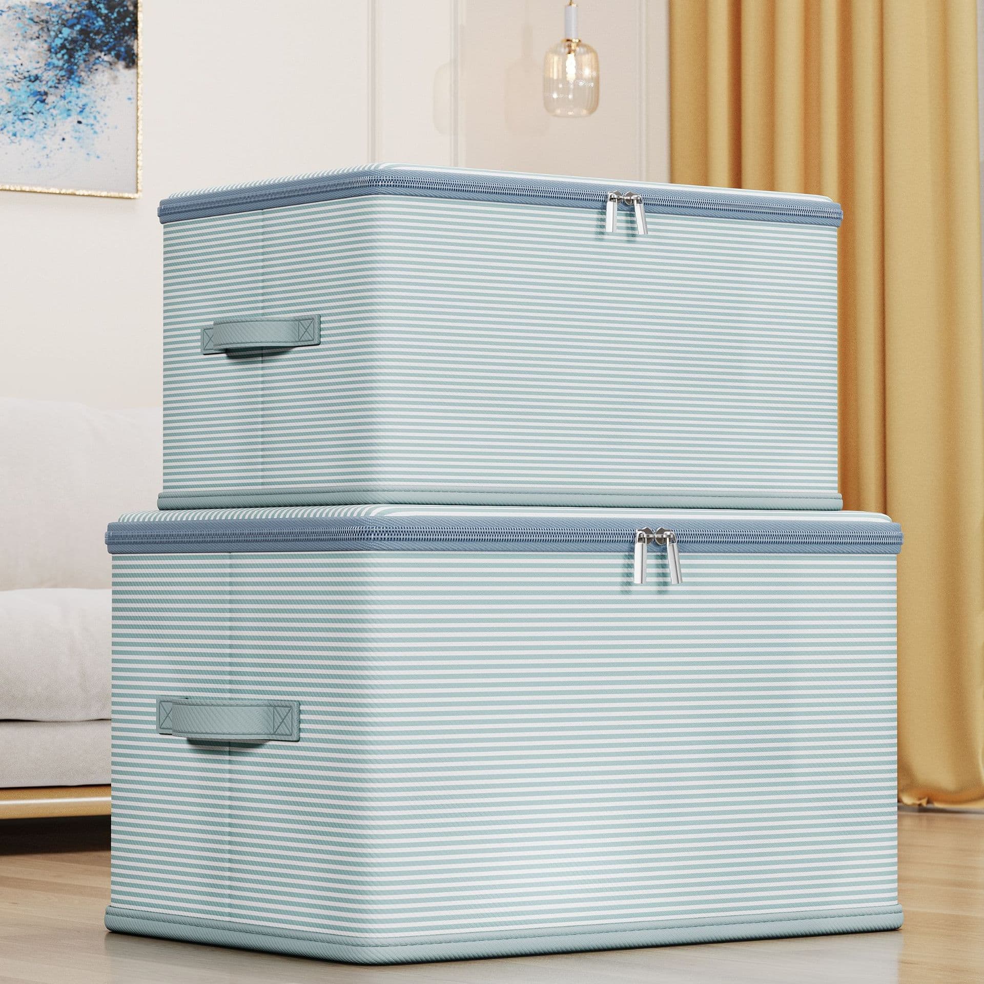 Functional Bags Double zipper clothing storage non woven fabric home dormitory folding storage striped storage box with lid wardrobe storage box