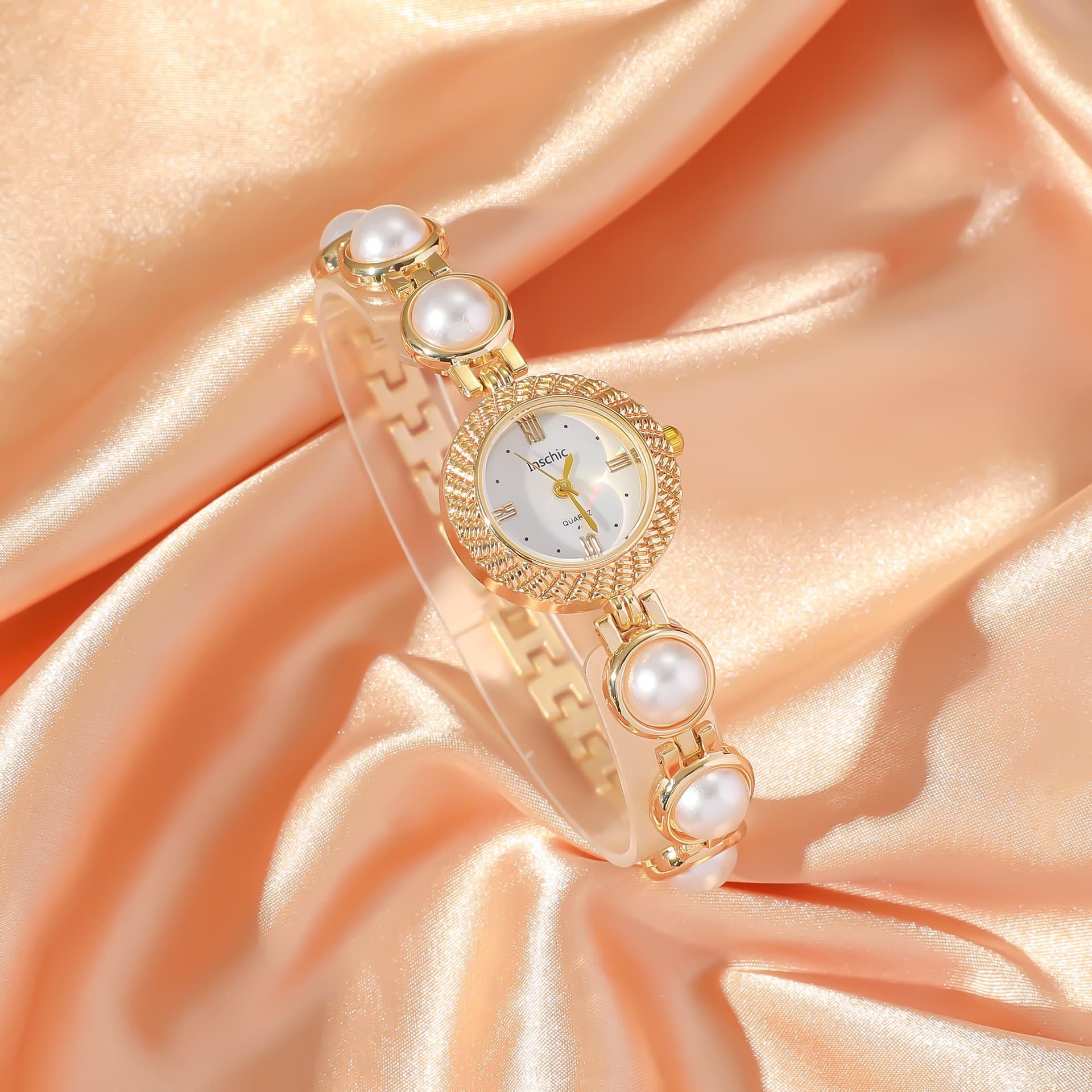Women's Personalized Fashion All Match Pearl Bracelet Watch Rhinestone Bracelet Necklace Earrings Ring Jewelry Gift Set (