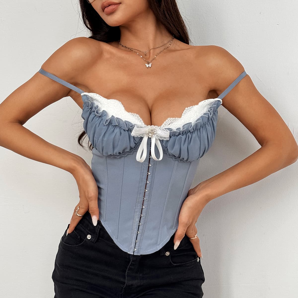 Women's Clothing Sexy See Through Mesh Spliced lace Breast Cotton Hot Girl Fishbone Suspender High End Inner Top