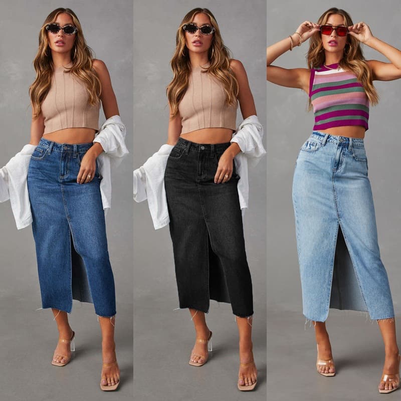 New Slit Denim Skirt Women's High Waist Washed European And American Style A-Line Skirt Mid-length Skirt
