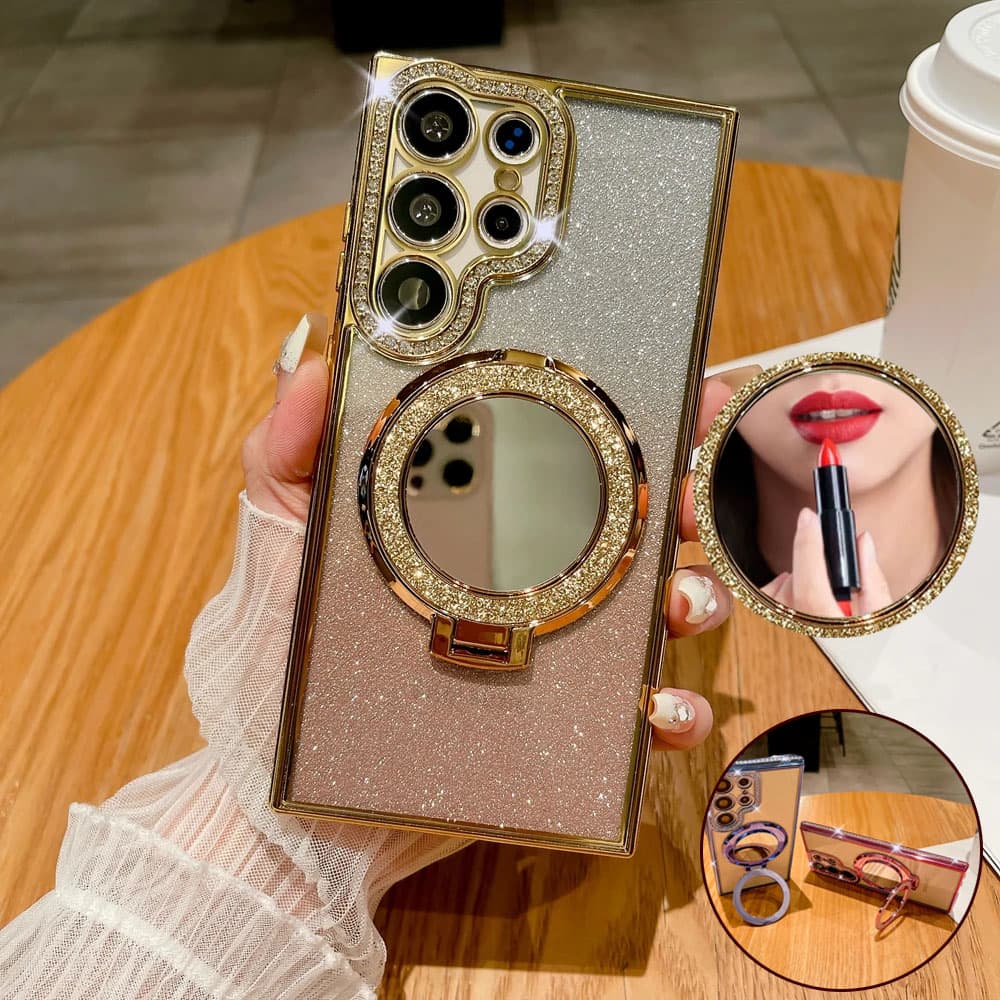 Dia Clear Glitter Case For Samsung Galaxy S25 S24 Ultra S23 S22 Plus Mirror Magnetic Phone Holder Stand Cover