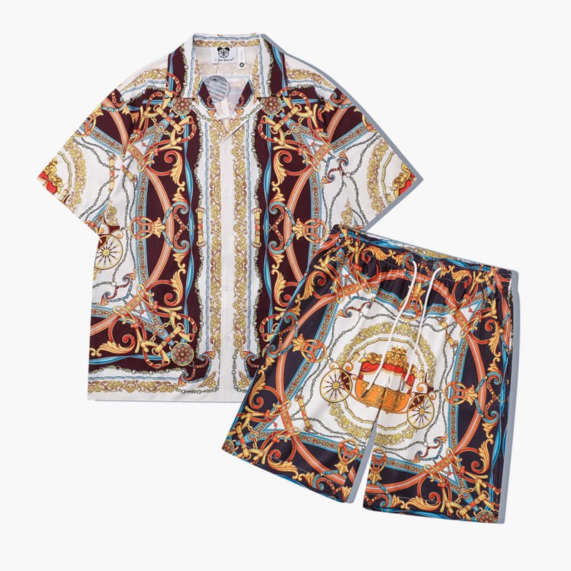 Men's Clothing Summer Men's Street Fashion Teenagers Casual Retro Palace Pattern Digital Printing Short Sleeve Loose Shirt Suit