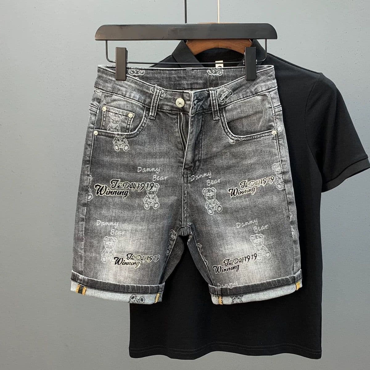 Men's Clothing Ripped Denim Shorts Men's Summer Thin Print Scraped Slim Fit Mid Length Pants VersatileStyle Trendy Five Point Pants