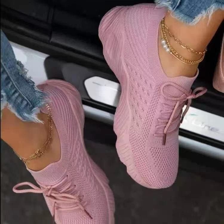 Large Size Casual Shoes Thick-soled Solid Color Lace-up Fly-knit Slip-on Flat Shoes