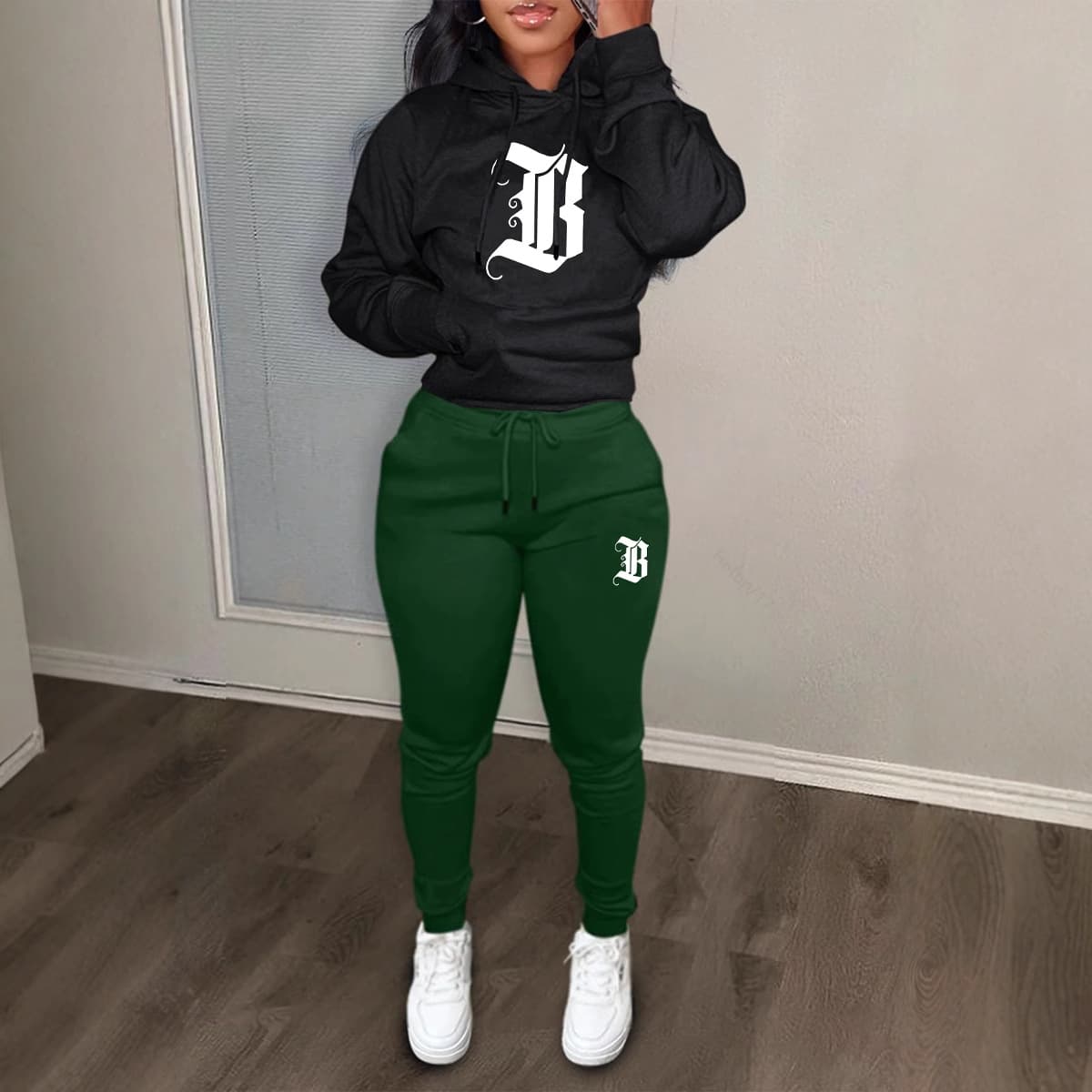 Women's Clothing fashion print contrast color suit sports two piece suit