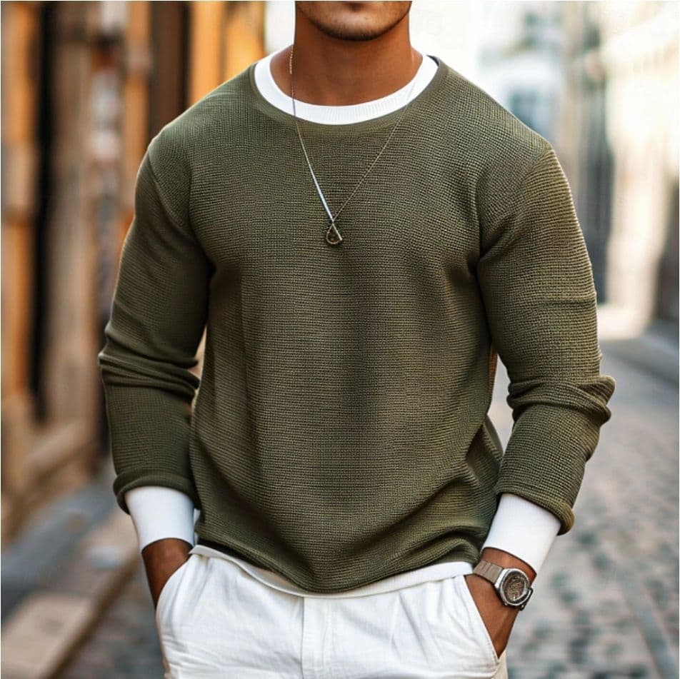 Men's Clothing New Men's Waffle T Shirt Tops Long Sleeve Shirt Solid Color Round Neck Street Holiday Long Sleeve Fashion
