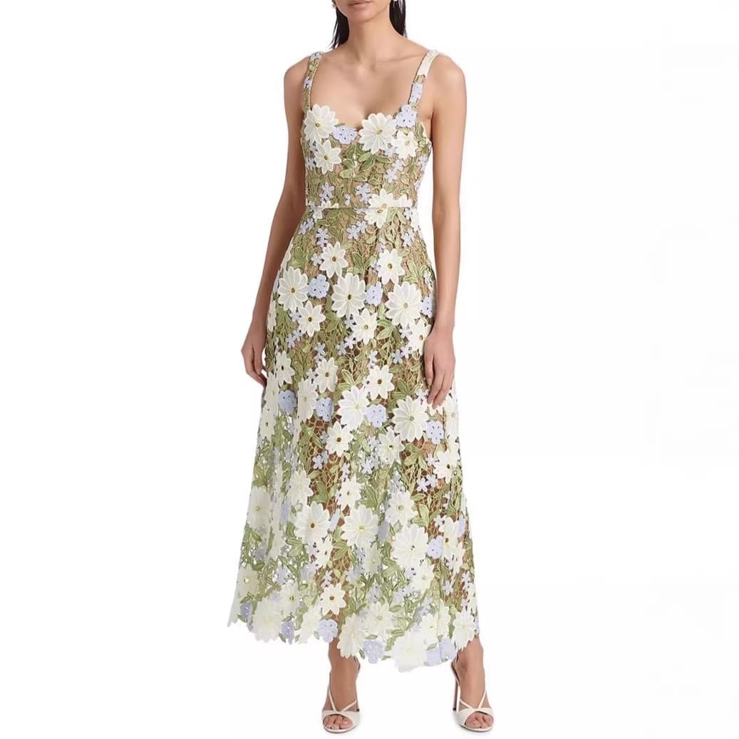Women's Floral Water-Soluble Lace Maxi Dress - 3D Embroidery & Adjustable Straps (Spring/Summer Beach Holiday)​