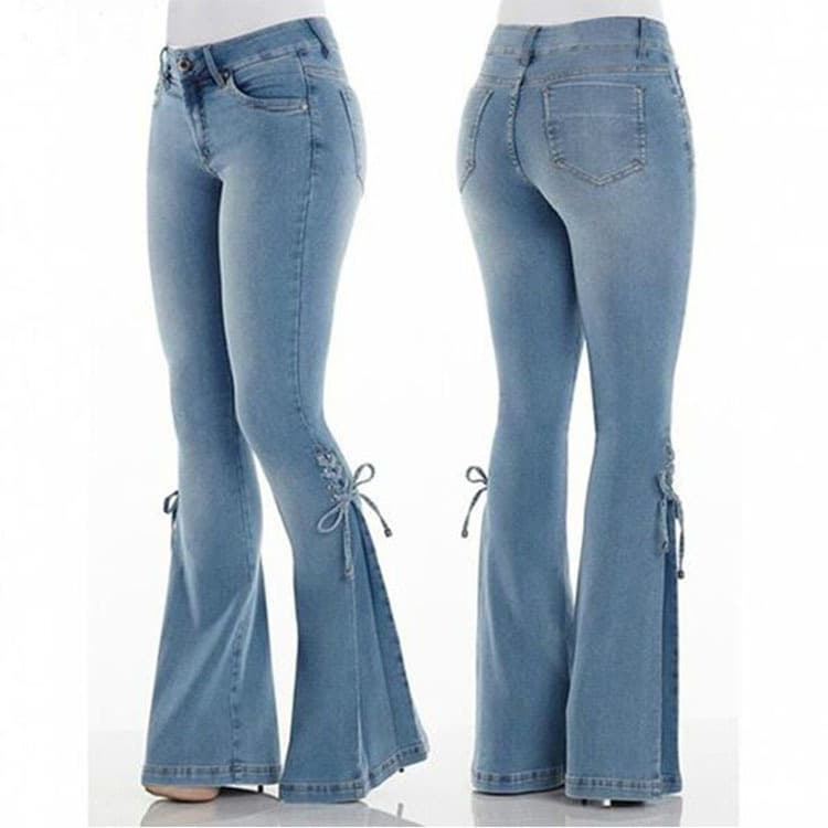 New Style Solid Color High-waisted Lace-up Decorative Flared Pants Stretch Jeans Trousers