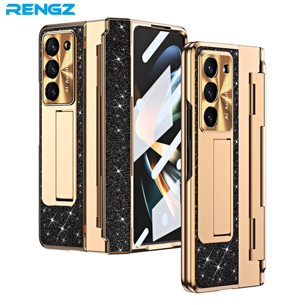 RENGZ Plating Leather Stand Hinge Protection Case Samsung Galaxy Fold 5 3 With Screen Protector Cover For Z Fold5