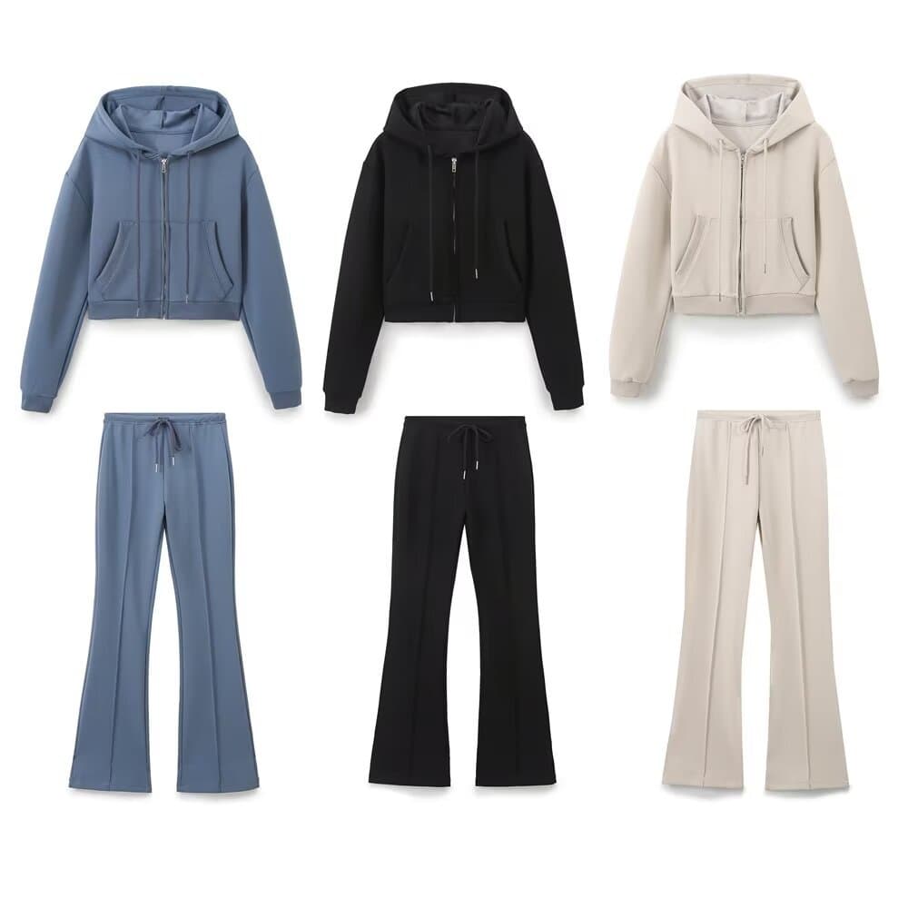 Vintage-Inspired Women's Two-Tone Crop Hoodie & Flared Pants Set – Stylish Polyester Lounge Outfit For Casual & Office Wear (Blue/Black/Beige, S/M/L)