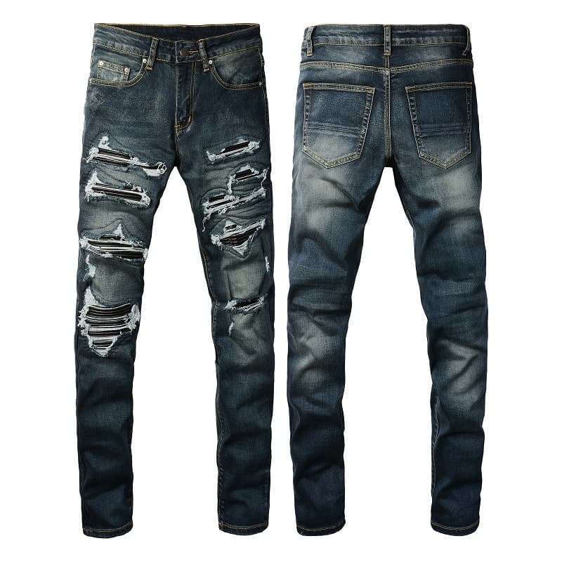 Men's Clothing European And American Men's Jeans Men's Fashion Brand High Street Pants Ripped Patch Leather Slim Fit Men's Pants 1320