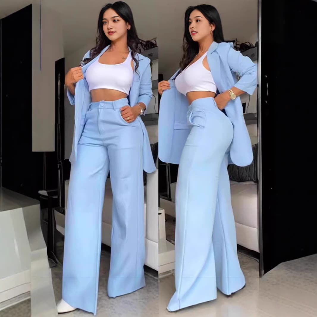 Women's Clothing Elegant Solid Color Split Sleeve Lapel Suit Pocket Straight Pants Suit