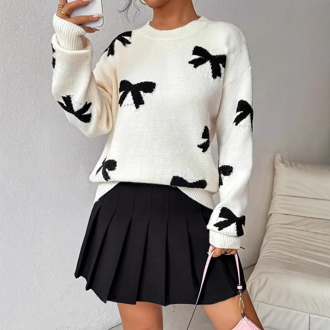 Women's Knit Sweater With Bow Detail – Oversized Long-Sleeve Pullover (S-L, Polyester, Elegant & Casual)​