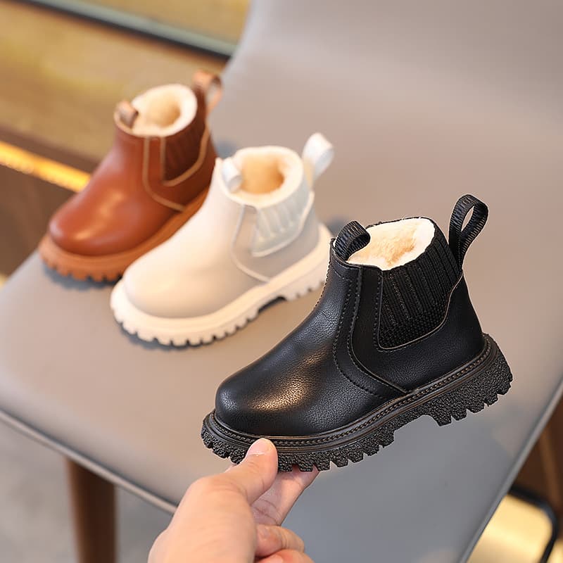 Winter New Children's British Style Simple Cotton Boots Boys Plus Velvet Warm Martin Boots Girls Side Zipper Fashion Boots