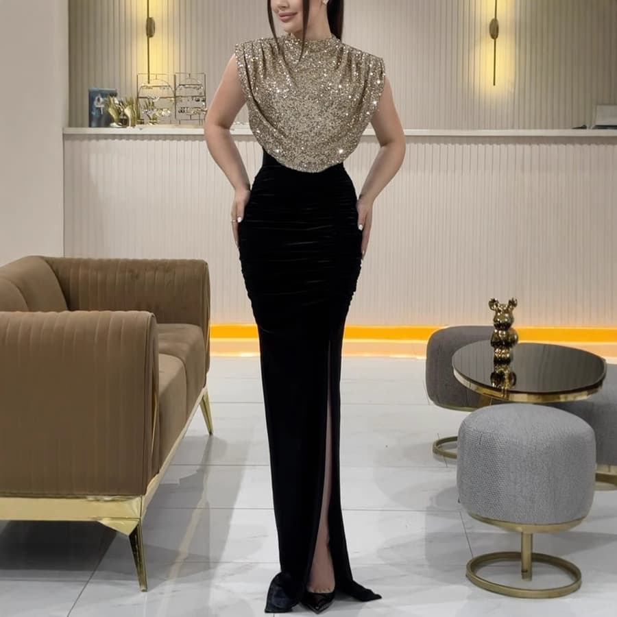 Women's Clothing Spring And Autumn Sequined Sleeveless Dress Casual Party Slit Dress