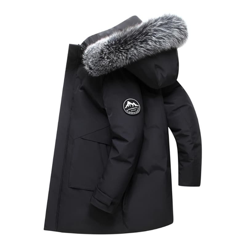 Trendy Oversized Hooded Down Jacket – 550FP White Duck Feather, Mid-Length Parka With Faux Fur Trim (Black/Blue/Gray)