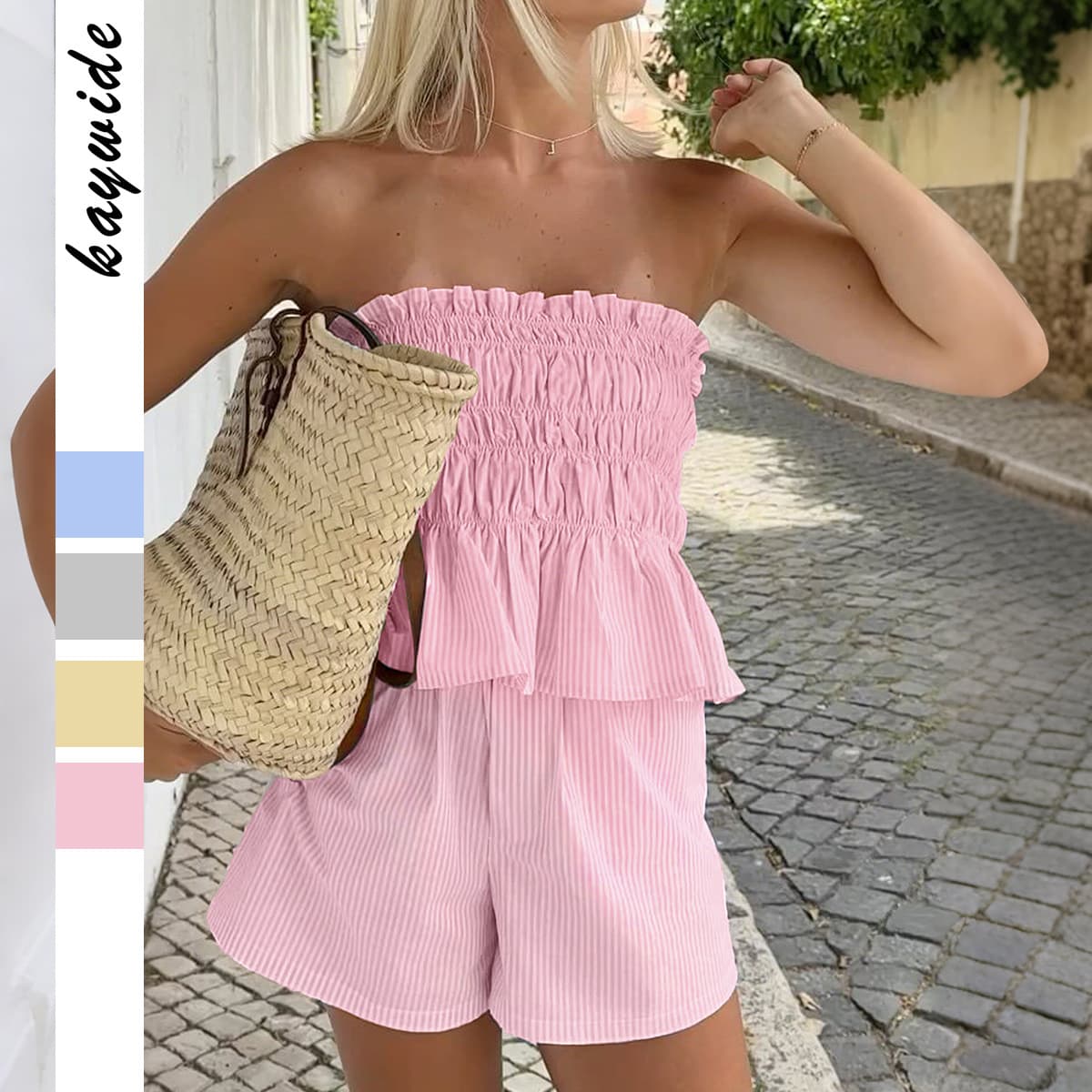 Women's Clothing Casual Simple Tube Top Ruffled Shorts Suit