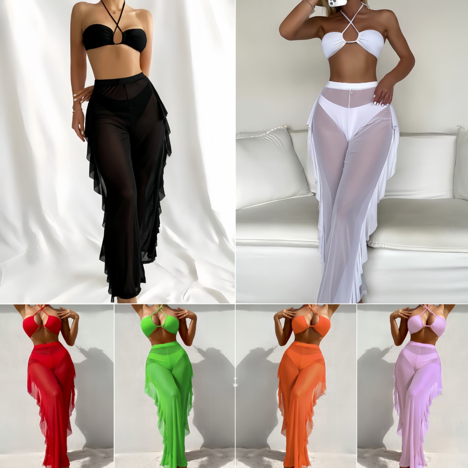 Women's Clothing New Solid Color Sexy Flying Trousers Cross Gathered Three Piece Swimsuit