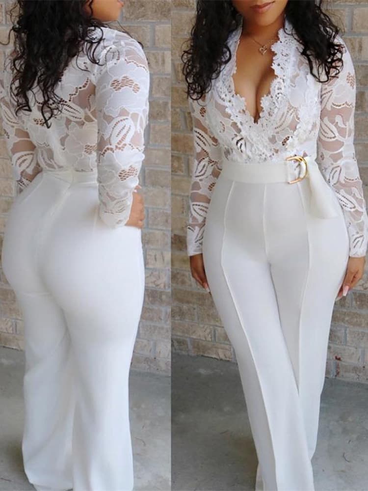 Women's sexy deep v white see-through lace splicing jumpsuit