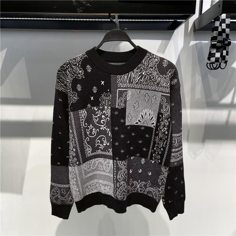 Men's Clothing Fashion trend men's autumn and winter new round neck sweater cashew flower jacquard loose wool pullover B1EBB1150