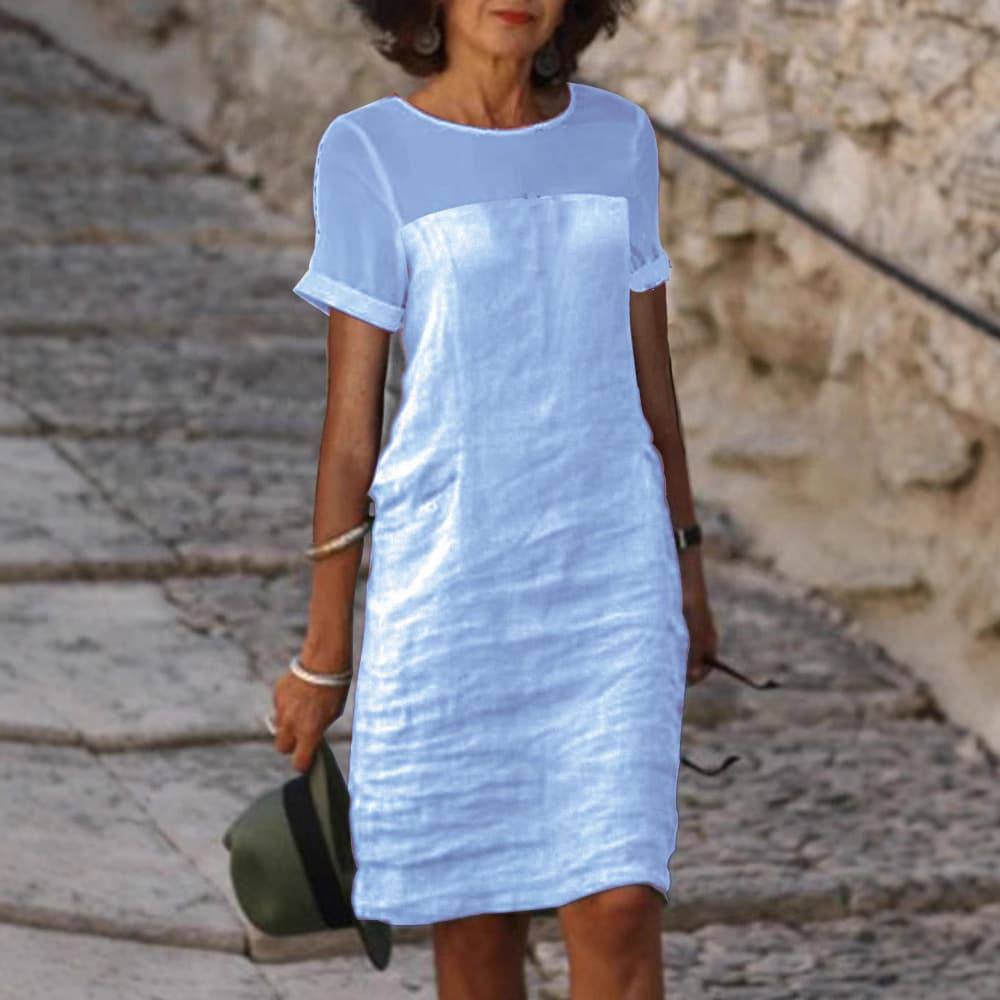 Women's Clothing Casual Splicing Mesh Round Neck Short Sleeve Multi Color Women's Dress Long Skirt