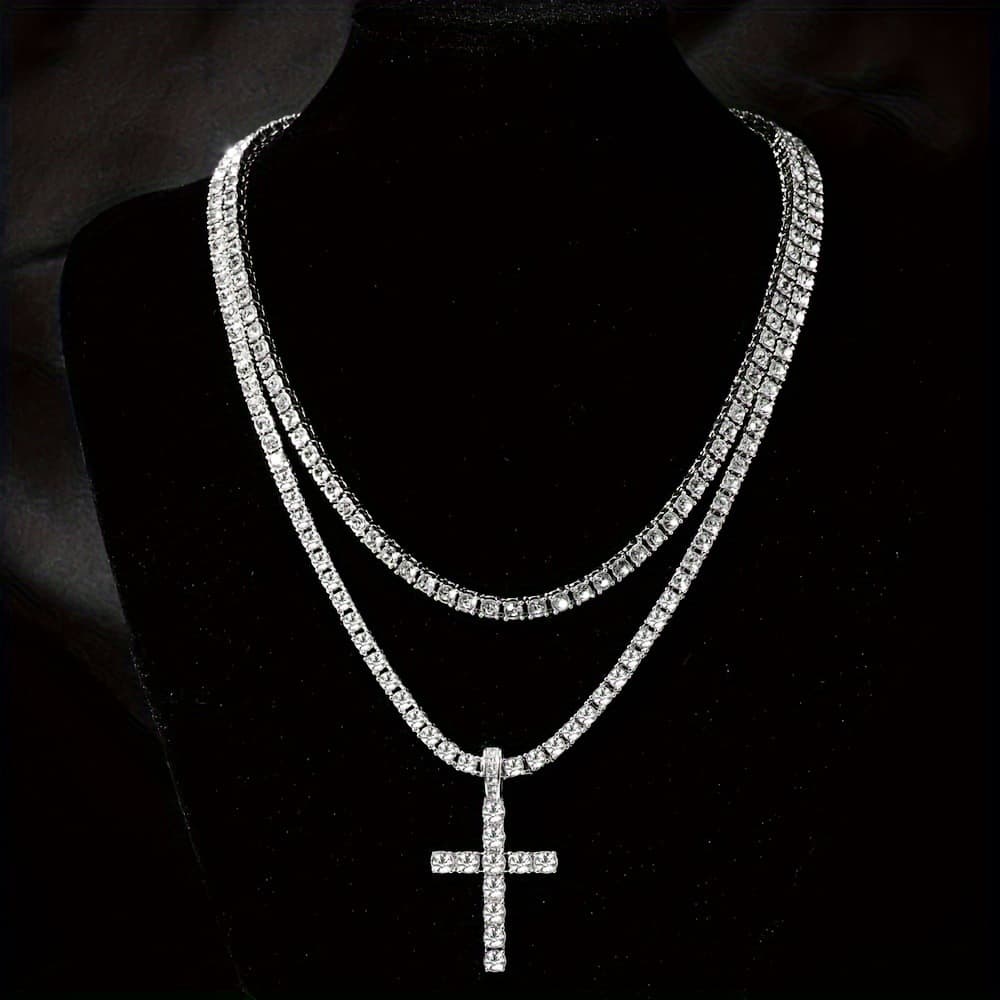 Hip hop alloy rhinestone diamond Cross pendant 4mm single row diamond tennis necklace