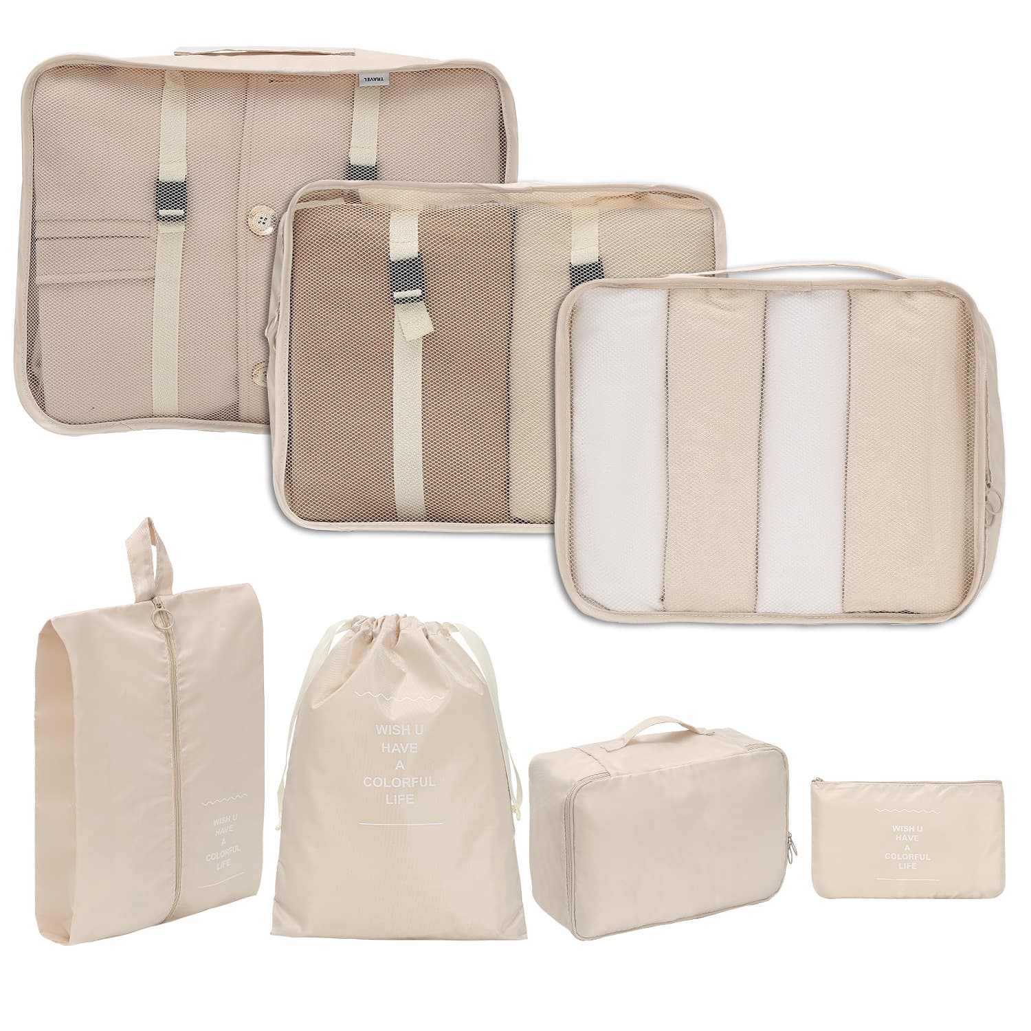 7-Piece Travel Organizer Set - Waterproof Cosmetic & Underwear Storage Bags For Luggage Foldable Laundry Pouches With Hanging Hook