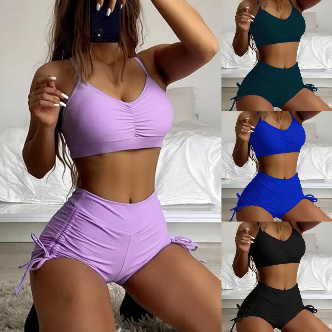 Solid Color Push-Up Bikini Swimsuit High-Waisted Tummy Control Drawstring Two Piece Design for Slimming Fit Small Busts Women