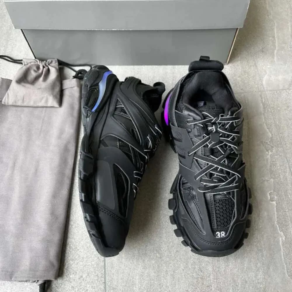 Femmes Hommes Designer Chaussures Décontractées Track LED Baskets Gris Clair Bleu Gomma Cuir Noir Rose Baskets Nylon Imprimé